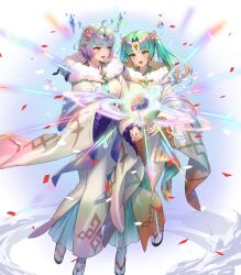 Rule 34 | 2girls, ahoge, aqua eyes, ball, breasts, bubble, crystal, cuboon, fire emblem, fire emblem heroes, forehead jewel, full body, glowing, heidr (fire emblem), highres, holding, holding ball, japanese clothes, jewelry, kimono, large breasts, long sleeves, looking to the side, multicolored hair, multiple girls, nintendo, non-web source, obi, official alternate costume, official art, open mouth, parted lips, purple hair, sandals, sash, second-party source, seidr (fire emblem), seidr (new year) (fire emblem), short hair, simple background, smile, solo, tabi, teeth, white background, yellow eyes, zouri