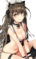 Rule 34 | 1girl, :q, animal ears, bare arms, bare shoulders, bikini, black bikini, black choker, black socks, blush, bow, breasts, brown hair, camouflage, camouflage jacket, cat ears, cat girl, cat tail, choker, cleavage, collarbone, frilled bikini, frills, green eyes, jacket, unworn jacket, kneehighs, licking lips, long hair, looking at viewer, maid, maid bikini, maid headdress, medium breasts, mo:oku, navel, one side up, original, simple background, skindentation, slit pupils, smile, socks, solo, stomach, swimsuit, tag, tail, thigh strap, thighs, tongue, tongue out, unconventional maid, unfinished, white background, wristband