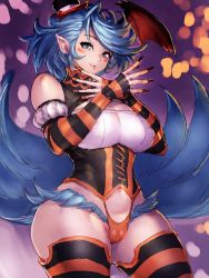 Rule 34 | 1girl, bare shoulders, black sleeves, black thighhighs, blue eyes, blue hair, breasts, cameltoe, demon girl, fang, fumio (rsqkr), hat, head wings, highres, large breasts, looking at viewer, mini hat, multicolored clothes, multicolored legwear, multicolored sleeves, nail polish, orange sleeves, orange thighhighs, parted lips, pointy ears, purple background, short hair, skindentation, smile, solo, striped clothes, striped sleeves, striped thighhighs, thick thighs, thighhighs, thighs, wings