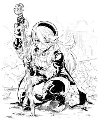 Rule 34 | 1girl, armor, barefoot, black armor, breastplate, breasts, brooch, cape, cleavage, clenched teeth, corrin (female) (fire emblem), corrin (fire emblem), fire emblem, fire emblem fates, greyscale, hiyori (rindou66), holding, holding sword, holding weapon, injury, jewelry, kneeling, large breasts, monochrome, nintendo, on one knee, one eye closed, pauldrons, pointy ears, shoulder armor, slit pupils, solo, sword, teeth, thighhighs, thighs, torn cape, torn clothes, weapon, white hair