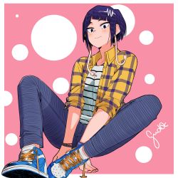 Rule 34 | 1girl, artist name, black eyes, blue footwear, blue pants, boku no hero academia, clip studio paint (medium), closed mouth, commentary, cross-laced footwear, english commentary, gud0c, jacket, jirou kyouka, looking at viewer, looking down, nail polish, pants, plaid, plaid jacket, purple hair, shirt, shoes, short hair, simple background, sitting, sleeves rolled up, smile, striped clothes, striped shirt, white shirt, yellow jacket