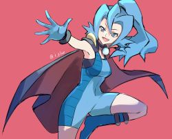 Rule 34 | 1girl, :d, blue eyes, blue footwear, blue hair, bodysuit, boots, breasts, cape, clair (pokemon), commentary request, creatures (company), game freak, gloves, hair between eyes, highres, i g1ax, long hair, nintendo, open mouth, pink background, pokemon, pokemon hgss, ponytail, smile, solo, spread fingers, tongue, twitter username