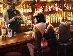 Rule 34 | 1girl, absurdres, albedo (overlord), alcohol, backless dress, backless outfit, bar (place), bar stool, bare shoulders, bartender, bird, black bow, black bowtie, black hair, black wings, blurry, bottle, bow, bowtie, breasts, character request, cherry, closed mouth, cocktail shaker, collared shirt, counter, cup, demon girl, demon horns, depth of field, dress, drinking, drinking glass, drinking straw, earrings, elbows on table, feathered wings, food, from behind, fruit, halter dress, halterneck, hand up, highres, holding, holding cup, hoop earrings, horns, indoors, jewelry, long hair, long sleeves, looking away, looking down, monster boy, nail polish, overlord (maruyama), purple nails, red dress, shirt, side slit, sitting, soaking hands, solo focus, stool, tight clothes, tight dress, traditional bowtie, white horns, white shirt, wine, wine bottle, wing collar, wings, zhongfentoudashu