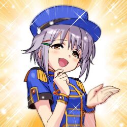Rule 34 | 1girl, :d, blue headwear, blue shirt, blush, brown eyes, commentary request, emphasis lines, eyelashes, grey hair, hair ornament, hairclip, hand up, idolmaster, idolmaster cinderella girls, koshimizu sachiko, looking at viewer, open mouth, shirt, short hair, short sleeves, simple background, smile, smug, solo, sparkle, yellow background, zen (kamuro)