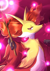 Rule 34 | 1girl, animal ears, arm up, claws, creatures (company), delphox, female focus, fox ears, furry, furry female, game freak, gen 6 pokemon, half-closed eyes, hand up, konna-nani, looking to the side, magic, nintendo, outstretched arm, pink background, pokemon, pokemon (creature), pokemon xy, red eyes, simple background, solo, standing, stick, upper body, wand