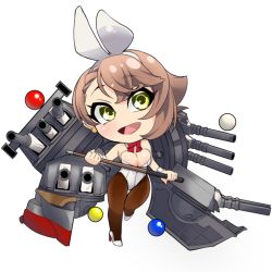 Rule 34 | 1girl, alternate costume, alternate hairstyle, animal ears, ball, billiard ball, bow, bowtie, breasts, brown hair, brown pantyhose, cannon, cleavage, commentary request, cue stick, detached collar, green eyes, holding, kantai collection, large breasts, leotard, looking at viewer, machinery, mutsu (kancolle), pantyhose, playboy bunny, rabbit ears, red bow, red bowtie, short hair, simple background, smile, solo, strapless, strapless leotard, thigh gap, turret, udukikosuke, white background, white leotard, wrist cuffs
