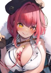 Rule 34 | 1girl, beret, black hat, blush, breasts, cleavage, dokkumaa, hat, heart, heart necklace, heterochromia, highres, hololive, houshou marine, houshou marine (businesswoman), jewelry, large breasts, licking lips, looking at viewer, necklace, red eyes, red hair, short hair, smile, tongue, tongue out, virtual youtuber, yellow eyes