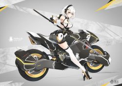 Rule 34 | 1girl, armor, artist logo, artist name, ass, azur lane, bare shoulders, black footwear, breasts, character name, chinese commentary, cleavage, commentary request, frilled thighhighs, frills, full body, gauntlets, gloves, grey skirt, hair between eyes, hairband, headpiece, high heels, highres, holding, holding polearm, holding weapon, kuroba chihiro, lace-trimmed hairband, lace trim, large breasts, looking at viewer, mecha musume, motor vehicle, motorcycle, neckwear between breasts, parted lips, pleated skirt, polearm, red eyes, riding, royal navy emblem (azur lane), science fiction, short hair, sidelocks, sirius (azur lane), sitting, skirt, solo, thighhighs, weapon, white background, white gloves, white hair, white thighhighs, zettai ryouiki