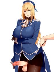 Rule 34 | 1girl, atago (kancolle), atago (kancolle) (cosplay), beret, blonde hair, blue eyes, breasts, clothes lift, cosplay, dress, dress lift, erection, futanari, gloves, hat, kantai collection, large breasts, long hair, mogiki hayami, newhalf, pantyhose, penis, standing, testicles, third-party edit, uncensored, white background