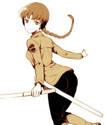 Rule 34 | 10s, 1girl, arched back, ass, back, bad id, bad pixiv id, badge, boots, braid, braided ponytail, closed mouth, eyebrows, from behind, headphones, holding, holding sword, holding weapon, jacket, long hair, long sleeves, looking at viewer, looking back, monochrome, moyoriaki, outstretched arms, pants, pants tucked in, single braid, smile, solo, sword, teruya fumika, weapon, white background, world trigger