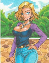 Rule 34 | 1girl, 2018, android 18, belt, blonde hair, blue eyes, breasts, cleavage, day, denim, dragon ball, dragon ball super, dragonball z, hand on own hip, jewelry, large breasts, long sleeves, necklace, outdoors, pants, ravernclouk design, shirt, short hair, sky, solo, traditional media, tree, two-tone shirt
