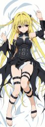Rule 34 | 10s, 1girl, absurdres, armpits, barefoot, bed sheet, blonde hair, blush, cleavage cutout, clothing cutout, dakimakura (medium), detached sleeves, dress, feet, from above, full body, hair ornament, highres, huge filesize, konjiki no yami, long hair, long image, official art, panties, red eyes, scan, solo, tall image, to love-ru, to love-ru darkness, toes, torn clothes, torn dress, torn sleeves, underwear, white panties