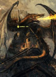 Rule 34 | berserk, breath weapon, breathing fire, castle, dated, fire, highres, open mouth, orange theme, shimhaq, signature, wings
