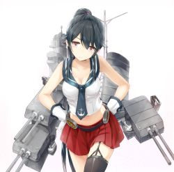 Rule 34 | 10s, 1girl, black hair, breasts, gloves, guranyto, hands on own hips, kantai collection, large breasts, long hair, looking at viewer, midriff, miniskirt, personification, pleated skirt, ponytail, red eyes, school uniform, serafuku, simple background, skirt, solo, very long hair, white background, white gloves, yahagi (kancolle)