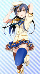 Rule 34 | 10s, 1girl, asymmetrical legwear, blue hair, boots, costume request, epaulettes, frilled skirt, frills, gloves, hat tip, kamekoya sato, long hair, looking at viewer, love live!, love live! school idol festival, love live! school idol project, mismatched legwear, necktie, open mouth, skirt, solo, sonoda umi, striped, striped background, thighhighs, white footwear, yellow eyes, zettai ryouiki