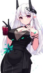 Rule 34 | 1girl, arknights, black dress, black gloves, blush, breasts, cleavage, closed mouth, commentary, covered navel, cowboy shot, cup, demon horns, dress, drink, earrings, gloves, grey hair, hair ornament, highres, holding, holding cup, horns, infection monitor (arknights), jewelry, large breasts, long hair, looking at viewer, mudrock (arknights), mudrock (obsidian) (arknights), official alternate costume, piao mao, pixel art, pointy ears, red eyes, sidelocks, simple background, single glove, sleeveless, sleeveless dress, smile, solo, standing, v, white background