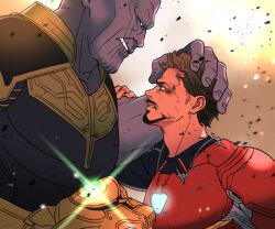 Rule 34 | 2boys, arc reactor, armor, avengers: infinity war, avengers (series), black eyes, black shirt, broken armor, brown eyes, brown hair, clenched hand, colored skin, evil smile, facial hair, fingernails, full armor, hand on another&#039;s head, hand up, infinity gauntlet, infinity gems, iron man, long sleeves, looking at another, male focus, marvel, marvel cinematic universe, multiple boys, power armor, purple skin, red armor, shirt, short hair, smile, sparkle, teeth, thanos, tony stark, v-shaped eyebrows, yukko93