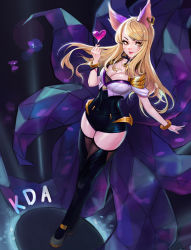 Rule 34 | 1girl, absurdres, ahri (league of legends), animal ears, black choker, blonde hair, bracelet, breasts, choker, cleavage, closed mouth, earrings, facial mark, fingernails, fox ears, fox tail, glint, heart, highres, jewelry, k/da (league of legends), k/da ahri, league of legends, long fingernails, long hair, microphone, nail polish, official alternate costume, orange eyes, pink nails, red lips, red nails, sanj, see-through, single earring, smile, solo, standing, tail