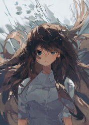 Rule 34 | 1girl, :o, blue eyes, blurry, blurry background, brown hair, collared shirt, film grain, highres, long hair, looking at viewer, original, parted lips, potg (piotegu), shirt, short sleeves, solo, standing, white shirt