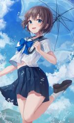 Rule 34 | 1girl, absurdres, blue bow, blue eyes, blue sailor collar, blue sky, blush, bow, brown footwear, brown hair, cloud, commentary, day, english commentary, eunyoo, foot out of frame, has bad revision, has downscaled revision, highres, holding, holding umbrella, huge filesize, knees together feet apart, looking at viewer, md5 mismatch, open mouth, original, outdoors, resolution mismatch, sailor collar, school uniform, serafuku, shirt, shoes, short hair, short sleeves, sky, smile, socks, solo, source smaller, standing, standing on one leg, transparent, transparent umbrella, umbrella, white shirt, white socks