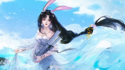 Rule 34 | 1girl, absurdres, alternate costume, animal ears, baptistw bao, bird, black hair, blue sky, braid, braided ponytail, cloud, douluo dalu, dress, earrings, highres, holding, holding clothes, holding skirt, jewelry, long hair, long sleeves, looking at viewer, rabbit ears, rock, see-through, see-through sleeves, skirt, sky, solo, splashing, upper body, white dress, xiao wu (douluo dalu)