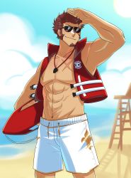 Rule 34 | 1boy, abs, absurdres, alternate costume, bare pectorals, beach, black-framed eyewear, blue eyes, brown hair, cropped jacket, cross scar, day, facial hair, fate/grand order, fate (series), feet out of frame, goatee, highres, holding, holding surfboard, lifeguard, long sideburns, looking at viewer, male focus, male swimwear, muscular, muscular male, napoleon bonaparte (fate), navel, nipples, no nipples, pectorals, salute, sand, scar, scar on chest, short hair, sideburns, sleeveless, smile, solo, stomach, sunglasses, surfboard, swim trunks, vincent-san, whistle, whistle around neck, white male swimwear