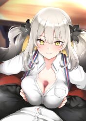 Rule 34 | 1boy, 1girl, black jacket, breasts, breasts squeezed together, cleavage, collared shirt, commentary request, dain (bishop m), fate/grand order, fate (series), gradient hair, grey hair, hetero, highres, jacket, large breasts, long hair, long sleeves, looking at viewer, marie antoinette (alter) (fate), marie antoinette (alter) (first ascension) (fate), marie antoinette (fate), multicolored hair, off shoulder, paizuri, penis, shirt, sidelocks, twintails, white hair, white shirt, yellow eyes