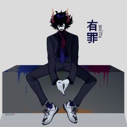 Rule 34 | 1boy, @ @, absurdres, alien, bilingual, black hair, black suit, blood, blue nails, blue socks, capricorn (symbol), clown, colored blood, colored sclera, colored skin, formal, gallows, gamzee makara, grey background, grey skin, hair between eyes, highres, homestuck, horns, iina934, looking at viewer, messy hair, mixed-language text, nail polish, necktie, open mouth, orange horns, own hands together, purple nails, shoes, short hair, simple background, smile, sneakers, socks, suit, troll (homestuck), twitter username, white background, white footwear, yandere, yellow sclera