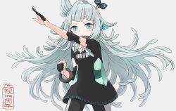 Rule 34 | 1girl, and uge, barcode, binary, black dress, black pants, blue eyes, blunt bangs, blush, circle facial mark, clenched hand, commentary, copyright name, cowboy shot, dress, finger cots, flat chest, floating hair, grey background, grey hair, hair wings, henshin pose, long hair, looking at viewer, medium bangs, nanashi inc., open mouth, pants, rokkaku game, simple background, solo, symbol-only commentary, thick eyebrows, very long hair