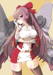 Rule 34 | 1girl, absurdres, aiguillette, azur lane, belt, blush, brown thighhighs, commentary request, cowboy shot, cropped jacket, dress, glasses, gloves, hair ribbon, highres, jacket, long hair, looking at viewer, multicolored clothes, multicolored dress, off shoulder, p.i.t.d, red jacket, red ribbon, ribbon, semi-rimless eyewear, shirt, sidelocks, skindentation, swiftsure (azur lane), thighhighs, white gloves, white shirt