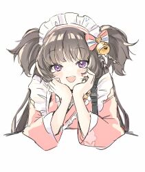Rule 34 | 1girl, apron, bell, blue archive, blush, bow, brown hair, head rest, highres, japanese clothes, kimono, long hair, long sleeves, looking at viewer, maid, maid headdress, nrnroooo, open mouth, pink kimono, purple eyes, shizuko (blue archive), simple background, solo, teeth, two side up, upper body, upper teeth only, wa maid, white background, wide sleeves