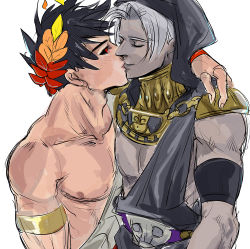 Rule 34 | 2boys, ancient greek clothes, arm around neck, black hair, black sclera, closed eyes, colored sclera, gorget, greco-roman clothes, hades (series), hades 1, hood, hood up, ing0123, kiss, laurel crown, male focus, multiple boys, red eyes, silver hair, thanatos (hades), topless male, upper body, yaoi, zagreus (hades)