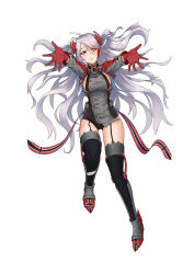 Rule 34 | 1girl, antenna hair, azur lane, blush, breasts, clothing cutout, cross, eyes visible through hair, full body, garter straps, gloves, hair between eyes, head tilt, highres, iron cross, jacket, large breasts, light particles, long hair, looking at viewer, makeup, military, military uniform, mole, mole on breast, multicolored clothes, multicolored hair, orange eyes, parted lips, prinz eugen (azur lane), reaching, reaching towards viewer, red hair, rudder footwear, side cutout, sideboob, sidelocks, silver hair, simple background, smile, solo, streaked hair, swept bangs, thighhighs, thighs, two side up, uniform, very long hair, white background, xioak