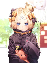 Rule 34 | 1girl, abigail williams (fate), abigail williams (traveling outfit) (fate), artist name, balloon, black bow, black jacket, blonde hair, blue eyes, blurry, blurry background, blush, bow, commentary request, depth of field, fate/grand order, fate (series), fou (fate), hair bow, hair bun, highres, holding, holding balloon, jacket, long hair, long sleeves, looking at viewer, hugging object, official alternate costume, orange bow, parted bangs, parted lips, polka dot, polka dot bow, rosuuri, single hair bun, sleeves past fingers, sleeves past wrists, solo, stuffed animal, stuffed toy, teddy bear, watermark, web address