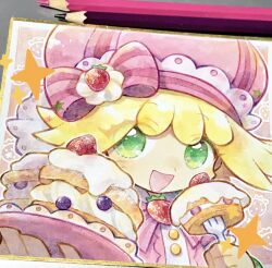Rule 34 | 1girl, amitie (puyopuyo), art tools in frame, blonde hair, border, bow, cake, doradorakingyo, food, fork, fruit, green bracelet, green eyes, highres, holding, holding fork, holding plate, looking at viewer, pink bow, pink headwear, plate, puyopuyo, puyopuyo fever, puyopuyo quest, short hair, solo, strawberry, striped, striped bow, traditional media, white border