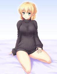 Rule 34 | 1girl, alternate costume, blonde hair, blush, breasts, female focus, full body, green eyes, isaki (gomi), large breasts, looking at viewer, mizuhashi parsee, naked sweater, pointy ears, ribbed sweater, short hair, smile, solo, sweater, touhou, turtleneck