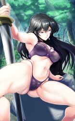 Rule 34 | 1girl, absurdres, ayra (fire emblem), bra, breasts, commission, commissioner upload, covered erect nipples, female pubic hair, fire emblem, fire emblem: genealogy of the holy war, fire emblem heroes, flustered, foreshortening, forest, highres, holding, holding sword, holding weapon, large breasts, lingerie, long hair, looking away, medium breasts, nature, nintendo, nipples, panties, pubic hair, pubic hair peek, pussy, see-through, solo, sword, thighs, tomorrowsjoker, underwear, weapon