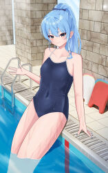 Rule 34 | 1girl, alternate costume, bare shoulders, blue eyes, blue hair, blue one-piece swimsuit, blush, breasts, brick wall, collarbone, covered navel, hair between eyes, highres, hiiragi melt, hololive, hoshimachi suisei, long hair, looking at viewer, nail polish, one-piece swimsuit, ponytail, pool, poolside, school swimsuit, small breasts, smile, solo, stairs, star (symbol), star in eye, swimsuit, symbol in eye, virtual youtuber