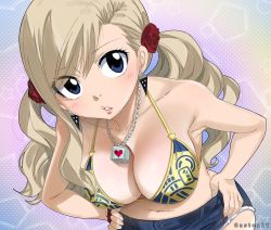 Rule 34 | 1girl, bikini, blonde hair, blue eyes, blue shorts, breasts, cleavage, colorized, earrings, eden&#039;s zero, gaston18, hair ornament, hand on own hip, highres, jewelry, large breasts, leaning forward, looking at viewer, mashima hiro, navel, necklace, parted lips, rebecca bluegarden, shorts, simple background, solo, standing, swimsuit, twintails, upper body
