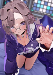 Rule 34 | 1girl, absurdres, all fours, animal ears, black choker, blurry, blush, bone hair ornament, breasts, brown hair, choker, claw pose, cleavage, closed mouth, collarbone, commentary request, commission, depth of field, dog ears, dog girl, glasses, gradient hair, hair ornament, hairpin, hand up, highres, hood, hood down, hoodie, indie virtual youtuber, indoors, kemomimi refle!, komae nadeshiko, large breasts, long sleeves, looking at viewer, multicolored hair, oreazu, partial commentary, purple eyes, purple hair, purple hoodie, purple ribbon, ribbon, rimless eyewear, round eyewear, skeb commission, solo, swept bangs, tail, upturned eyes, virtual youtuber