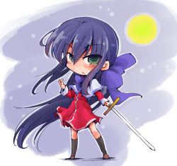 Rule 34 | 1girl, blue hair, green eyes, kanon, kawasumi mai, long hair, ribbon, school uniform, shinapuu, solo, sword, very long hair, weapon