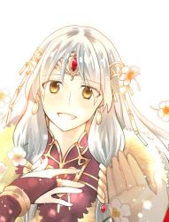 Rule 34 | 1girl, 1other, :d, black dress, black gloves, bridal gauntlets, circlet, close-up, coat, dress, fire emblem, fire emblem: radiant dawn, fire emblem cipher, fire emblem heroes, gloves, grey hair, hand on own chest, long hair, micaiah (fire emblem), nintendo, official alternate costume, open mouth, ouzisamafe, pov, red coat, simple background, smile, solo focus, white background, yellow eyes