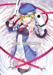Rule 34 | 1girl, aiming, aiming at viewer, arc system works, black thighhighs, blazblue, blonde hair, character name, detached sleeves, dual wielding, green eyes, gun, hat, holding, k+, necktie, noel vermillion, short hair, solo, thighhighs, weapon