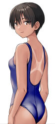 Rule 34 | 1girl, arms at sides, ass, breasts, brown eyes, brown hair, closed mouth, from behind, hashi, long bangs, looking at viewer, looking back, medium breasts, original, school swimsuit, short hair, simple background, smile, solo, swimsuit, tan, tanline, tomboy