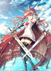 Rule 34 | 1girl, absurdres, aircraft, airship, armor, black thighhighs, blue sky, breasts, cape, cleavage, cloud, crossed swords, daizo, dress, dual wielding, epaulettes, flower, flower on head, futsuka (dzone), gauntlets, greaves, hair flower, hair ornament, headgear, highres, holding, holding sword, holding weapon, legs, looking at viewer, original, pink eyes, pink hair, sky, solo, standing, strapless, strapless dress, sword, thighhighs, thighs, twintails, weapon, zettai ryouiki