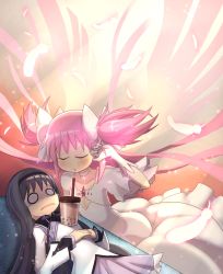 Rule 34 | adjusting hair, akemi homura, black hair, black headwear, blank eyes, blush, breasts, capelet, cleavage, closed eyes, collar, collarbone, cup, dress, drinking straw, feathers, frilled skirt, frills, frown, gloves, headband, highres, kaname madoka, leaning forward, light rays, long hair, lying, mahou shoujo madoka magica, mahou shoujo madoka magica (anime), mahou shoujo madoka magica movie 1 &amp; 2, majinhinata, on back, pink hair, pleated skirt, skirt, sparkle, tea, twintails, ultimate madoka, very long hair, white dress, white gloves, wings
