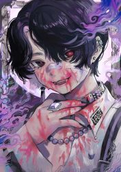 Rule 34 | 1boy, absurdres, aura, black choker, black eyes, black hair, black nails, blood, blood on clothes, blood on face, blood on hands, choker, commentary request, dark aura, dripping, ear piercing, earrings, fangs, fangs out, fingernails, gem, heterochromia, highres, huge filesize, jewelry, long fingernails, looking at viewer, male focus, mino (kirarayakubou), nail polish, necklace, original, parted lips, pearl necklace, pectorals, piercing, portrait, red eyes, ring, sharp fingernails, short hair, smile, solo, spiked choker, spikes, teeth, upper body, upper teeth only, vampire