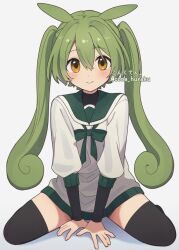 Rule 34 | 1girl, alternate hairstyle, black shirt, black thighhighs, blush, bow, commentary request, cone huraku, green bow, green hair, hair between eyes, hands on floor, layered clothes, layered sleeves, long hair, long sleeves, looking at viewer, sailor collar, shirt, simple background, sitting, smile, solo, straight-on, thighhighs, twintails, twitter username, voicevox, wariza, white background, yellow eyes, zundamon