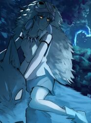 Rule 34 | 1girl, absurdres, blank eyes, breasts, cape, cloud, cloudy sky, commentary, earrings, english commentary, facepaint, frown, fur cape, glowing, glowing eyes, heartbreak juan, highres, jewelry, medium breasts, miniskirt, mononoke hime, moro no ichizoku, necklace, night, pelt, san (mononoke hime), serious, signature, skirt, sky, tooth necklace, wolf