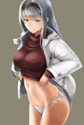 Rule 34 | 1girl, absurdres, alternate costume, brown eyes, closed mouth, clothes lift, coat, expressionless, fur-trimmed coat, fur trim, hair between eyes, headband, highres, kantai collection, kokuzou, lifted by self, long hair, long sleeves, looking away, navel, open clothes, open coat, panties, ribbed sweater, shoukaku (kancolle), side-tie panties, sidelocks, skindentation, solo, stomach, sweater, sweater lift, thighs, underwear, undressing, white coat, white hair, white panties, zipper